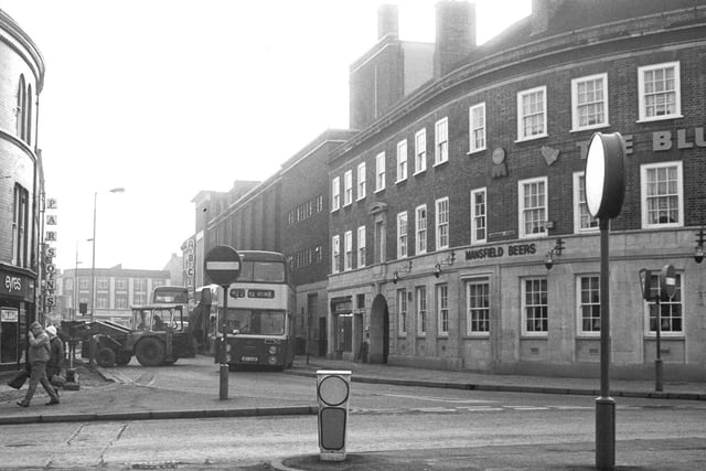 Looking down Cavendish Street from Saltergate with Eyres on the left, The Blue Bell on the right and the 'ABC' in the background. 1970s.