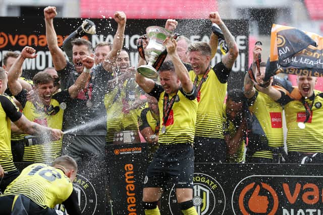 Harrogate Town beat Notts County 3-1 in the National League play-off final on Sunday.
