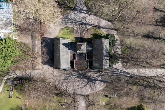 Drone footage of the property's layout.