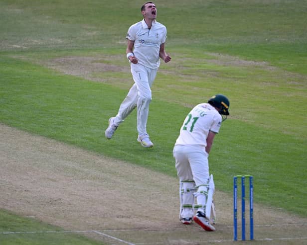 Sam Conners celebrates after taking the wicket of Sam Evens during day one of the LV= Insurance County Championship match between Leicestershire and Derbyshire.