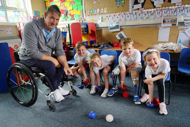 Tibshelf Infants sports inclusive activity day. Playing Boccia with Martin Mansell inclusive coach and ex paralympic swimmer, Ashton Sandell, Allie Sandell, William Reckless and Iris Holmes.