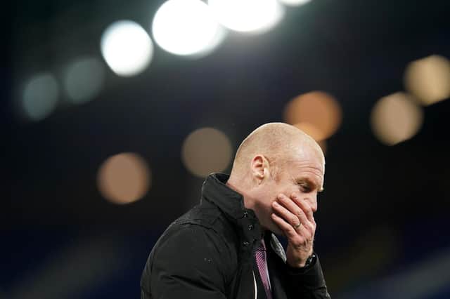 Sean Dyche looks on during the Premier League match between Everton and Burnley at Goodison Park on March 13, 2021.