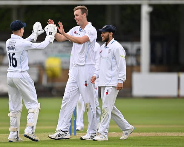 Billy Stanlake of Derbyshire celebrates taking the wicket of Nick Browne of Essex  during the LV= Insurance County Championship match between Essex and Derbyshire at Cloudfm County Ground. (Photo by Justin Setterfield/Getty Images)