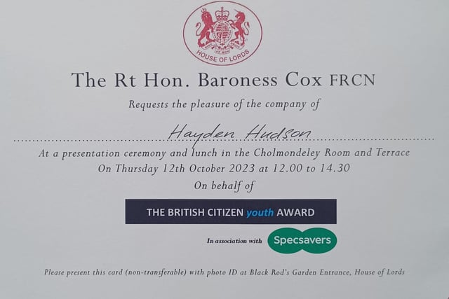 Hayden's invitation to the ceremony at the Palace of Westminster, which is informally known as the Houses of Parliament.