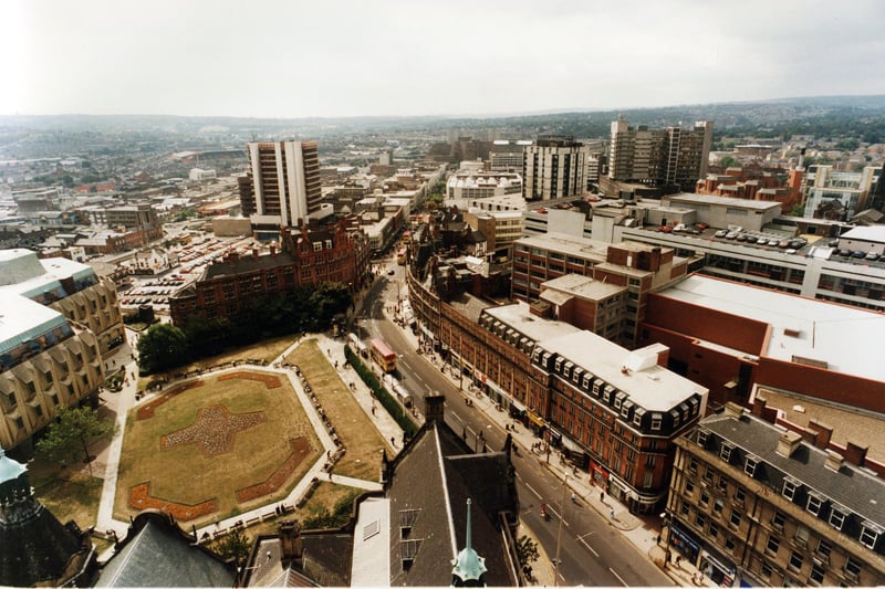 A view of the Peace Gardens and Pinstone Street, Sheffield in August 1995 - you can see the 'egg box' more clearly here