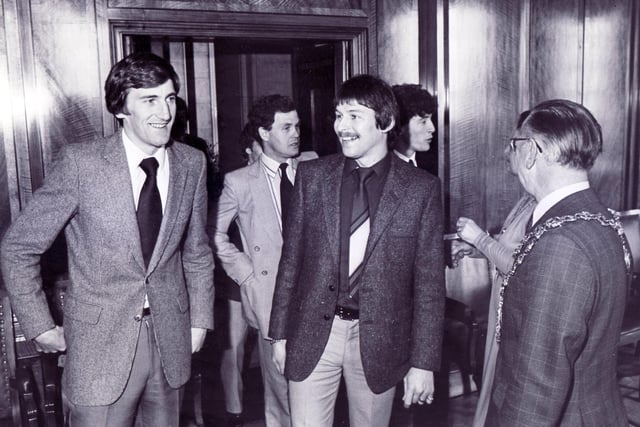 To mark them winning the Anglo Scottish Cup, the Chesterfield FC team were received at Chesterfield Town Hall by the Mayor and Mayoress Coun and Mrs Stanley Meakin. The picture shows them welcoming captain Bill Green and players, including Geoff Salmons on 11th May 1981.