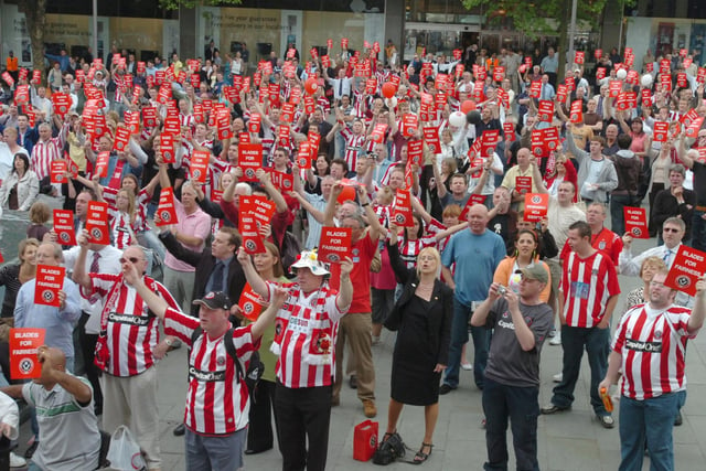 Blades fans sing the Greasy Chip Butty song at the demonstration
