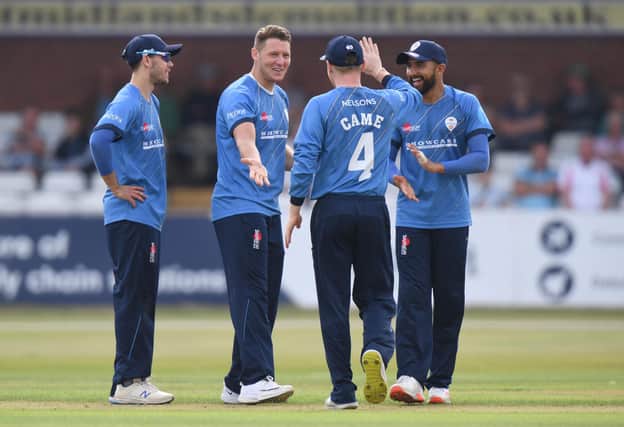 Tom Wood of Derbyshire celebrates bowling out Rob Yates of Warwickshire during the Royal London Cup match on Tuesday. (Photo by Tony Marshall/Getty Images)