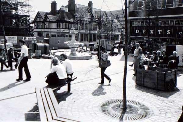 New Square, Chesterfield, in 1981 showing the peace fountain and the much-loved Dents store on the corner