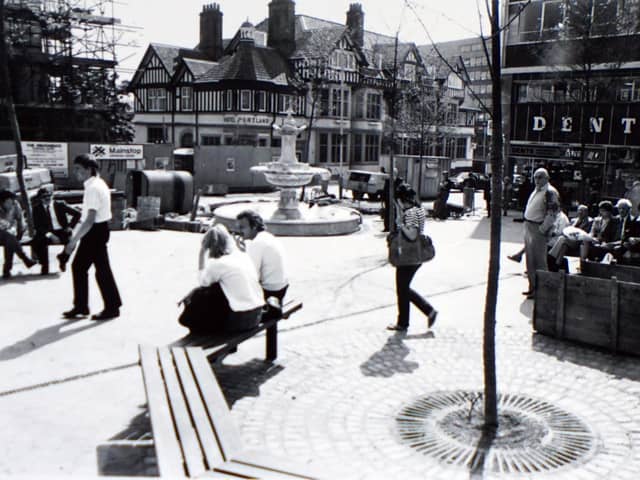 New Square, Chesterfield, in 1981 showing the peace fountain and the much-loved Dents store on the corner