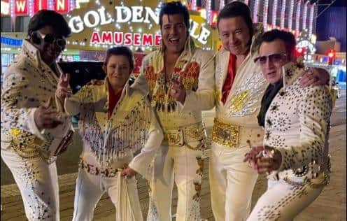 Rik with the four other guys dressed as Elvis  on the advertising shoot in Blackpool
