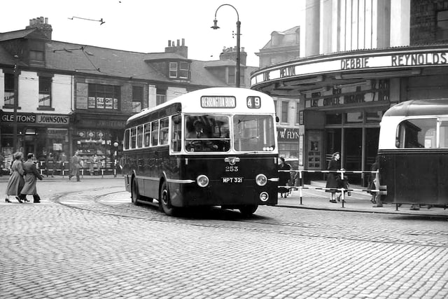 The junction of Holmside and Park Lane 1953 when Debbie Reynolds stared in the main feature at the Ritz. Here is the 49 service for Herrington Burn. Photo: Bill Hawkins.