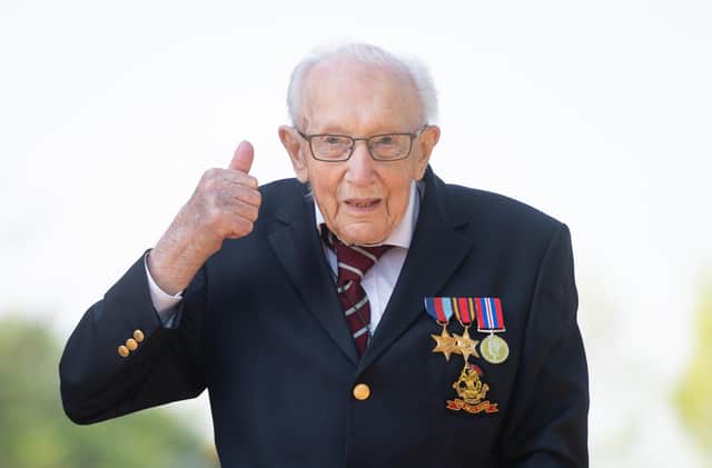 99-year-old war veteran Captain Tom Moore at his home in Marston Moretaine, Bedfordshire, after he achieved his goal of 100 laps of his garden - raising more than 12 million pounds for the NHS.  The amount raised went on to top £35 million