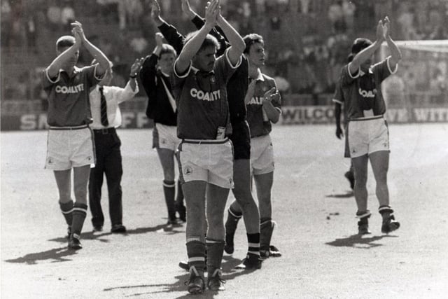 The Chesterfield players applaud the fans at the end of the match after the Chesterfield vs Cambridge Play off at Wembley in  1990