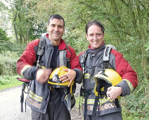 Martin McShane from Bolsover Fire Station and Thomas Bell from Bakewell Fire Station are preparing to run the Manchester half marathon in full fire kit on October 15.
