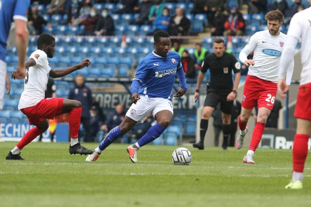 The National League play-off race is going down to the final day of the season: Pictured: Manny Oyeleke.