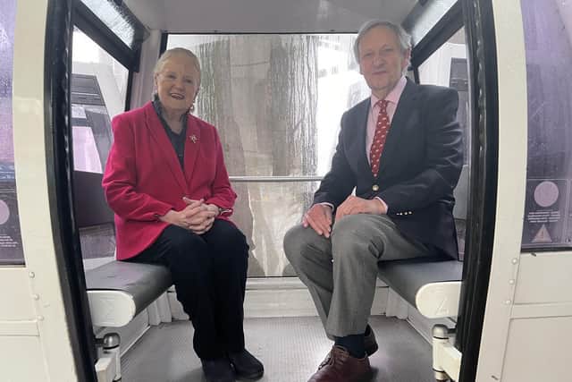 Andrew and Vanessa Pugh riding high on the cable car system which they introduced at The Heights of Abraham 40 years ago, a decade after they began restoring the 60-acre estate at Matlock Bath.