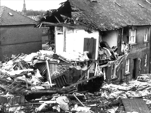 A close up of property in Sherwood Park Lockerbie devastated by the wreckage of Pan Am flight 103, Boeing 747 airliner.
