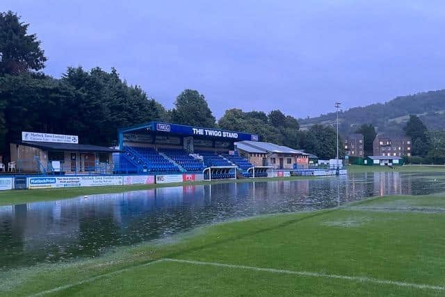 The waterlogged pitch at Matlock Town Football Club on Saturday, July 8. (Photo: Steven Greenhough)