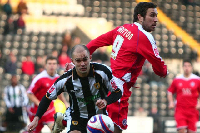Phil Picken, on loan at Notts County from Chesterfield, plays against his Spireites team-mates including Martin Gritton in 2009.