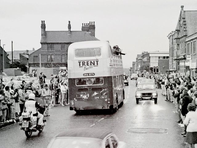 Derby County's open top bus parade goes through Heanor, May 1987.