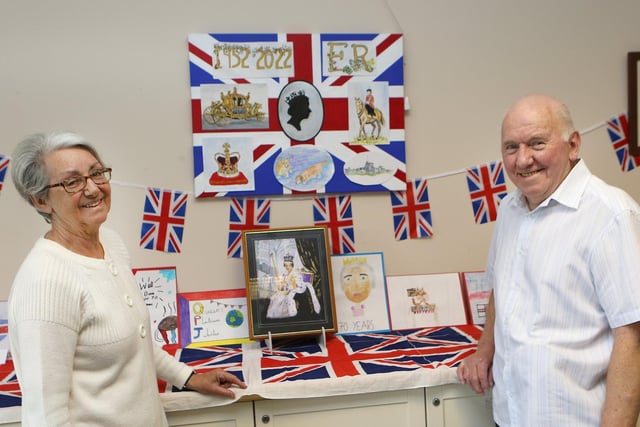 Jubilee, Calow Arts Group held their own exhibition and judged the childrens Jubilee picture competions at Calow Community Centre, Rose Asher and Colin Tart