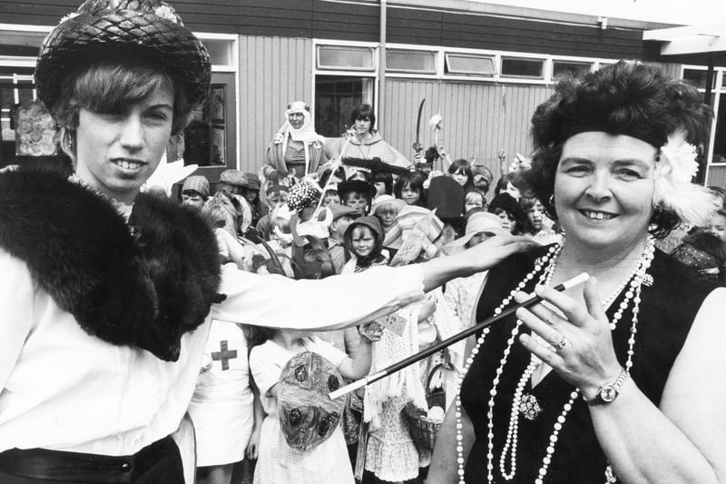 Jennie Inskip, right, head teacher of Hedworthfield Junior School, Jarrow  and student nursery Dawn Purcell were pictured getting into the swing of things when the school held a fancy dress as part of their Jarrow 1300 celebrations in 1981.