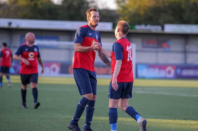 Steve Ledger, right, is quick to find team-mate Lee Cooper after he superbly teed him up for Paulsgrove Veterans' second goal. Picture: Habibur Rahman
