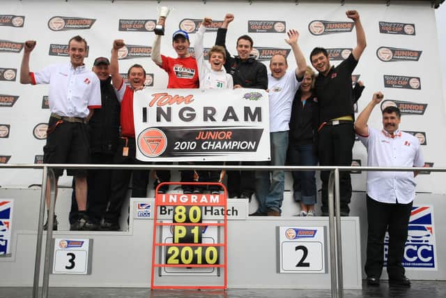 The team celebrate with Tom Ingram when he won the 2010 Ginetta Junior title with Hillspeed. Tom is now one of the most successful drivers in the British Touring Car Championship, currently racing with Toyota