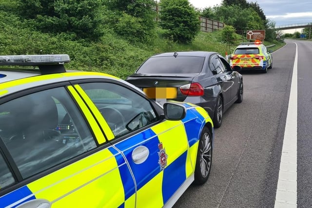Police say the driver of this BMW struggled "to understand 'Follow Me' on their matrix board.
They tweeted: "Struggling to stay in lane, poor driving. Eventually stops - drunk, no licence and no insurance. Arrested. #Fatal4 #Seized".