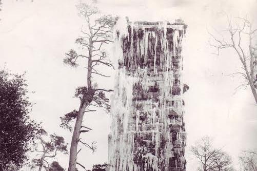 A frozen waterfall on the viaduct serving the famous water cascade at Chatsworth House in 1972