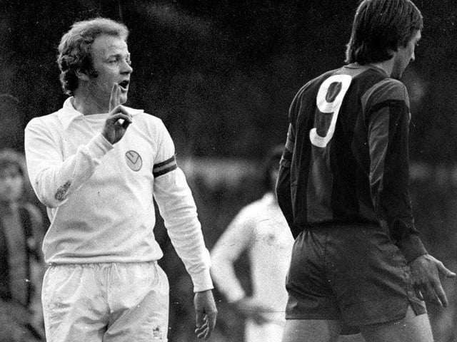 Billy Bremner has a word with Johan Cruyff during the European Cup semi-final first leg at Elland Road.
