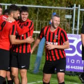 Shirebrook celebrate one of their goals at Pershore.
