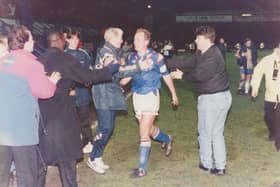 Chesterfield players celebrate play-off win against Mansfield on May 17, 1995.