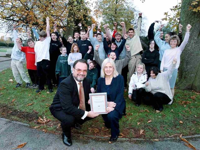 Sheffield Futures Chief Executive Jim Reid presented a certificate to head teacher of Bents Green School Andrea Scott Jones in 2001