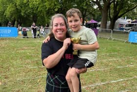 Swanwick strongwoman Anna Lisles will be competing in the Peak District Highland Games 2026, cheered on by son Edwin. (Photo: Contributed)