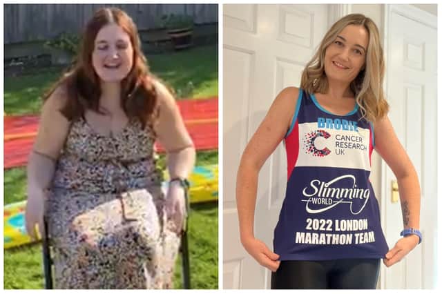 Brodie Marks is tackling the London Marathon after shedding 5st 4lbs. The photo on the left was taken a couple of months after Brodie joined a Slimming World group in Somercotes.