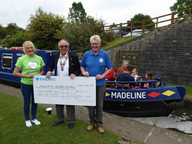 Lynn Jones, representing Ashgate Hospice; Alan Goodall, president of the Rotary Club of Scarsdale Chesterfield; David Blackburn, towpath officer for the Chesterfield Canal Trust.