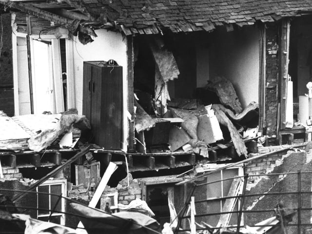 A close up of property in Sherwood Park devastated by the wreckage of Pan Am flight 103, Boeing 747 airliner.