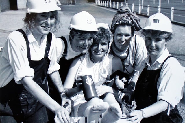 The team from Heanor Town Social Club  get ready to take part in the 1991 Heanor pram race