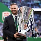 Ian Evatt with the Papa John's Trophy. Picture: Getty.