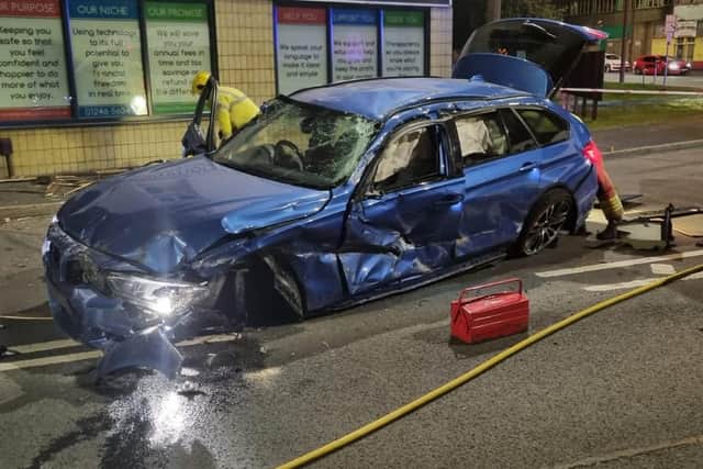 Police investigating a serious BMW crash on a major road near Chesterfield have issued an update. Image: Derbyshire RPU, via Twitter.