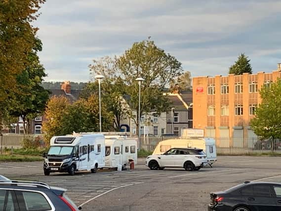 Several caravans and other vehicles pitched up camp at the Technique Stadium in Chesterfield on Thursday