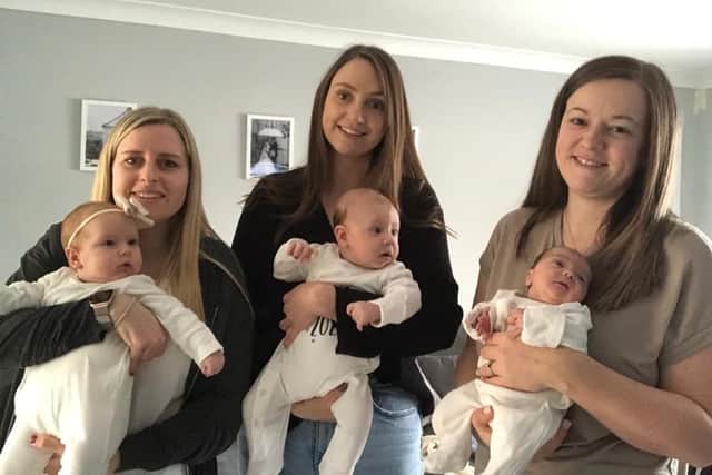 Kristy Coupe with daughter Heidi, Rebecca Wall with son Freddie and Sarah Murrant with son Jack.