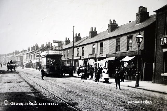 The Brampton to Whittington tram at the bottom of Chatsworth Road around 1910.