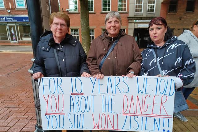 Somercotes protesters outside the June 28 Amber Valley Borough Council meeting. Image from Steve Tomlinson. Free for use by all BBC wire partners.