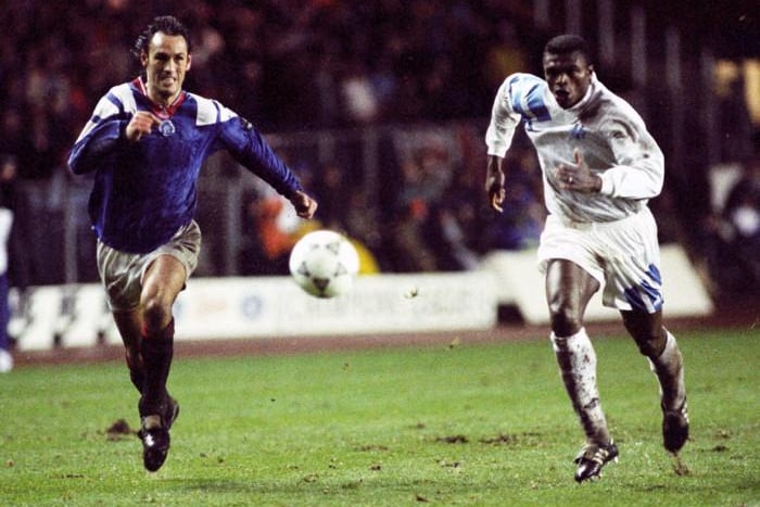 Rangers were without a sponsor for their European Champions League group stage campaign in 1992-93 against the likes of Marseille (pictured), CSKA Moscow and Club Brugge.