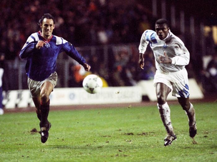 Rangers were without a sponsor for their European Champions League group stage campaign in 1992-93 against the likes of Marseille (pictured), CSKA Moscow and Club Brugge.