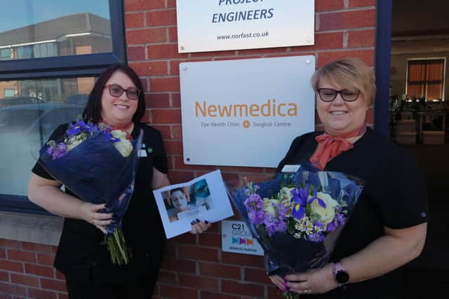 Unpaid carers Marie Pierrepoint and Ellen Sherwood were gifted flowers by eye health clinic and surgical centre Newmedica Barlborough.