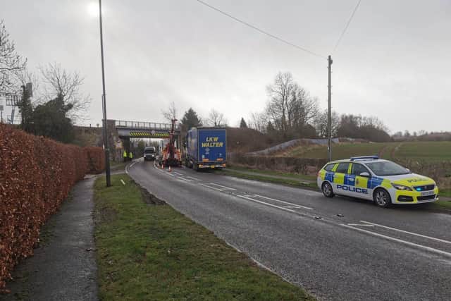A lorry was stuck under a railway bridge in Creswell. Credit: Bolsover and Clowne Police SNT Facebook